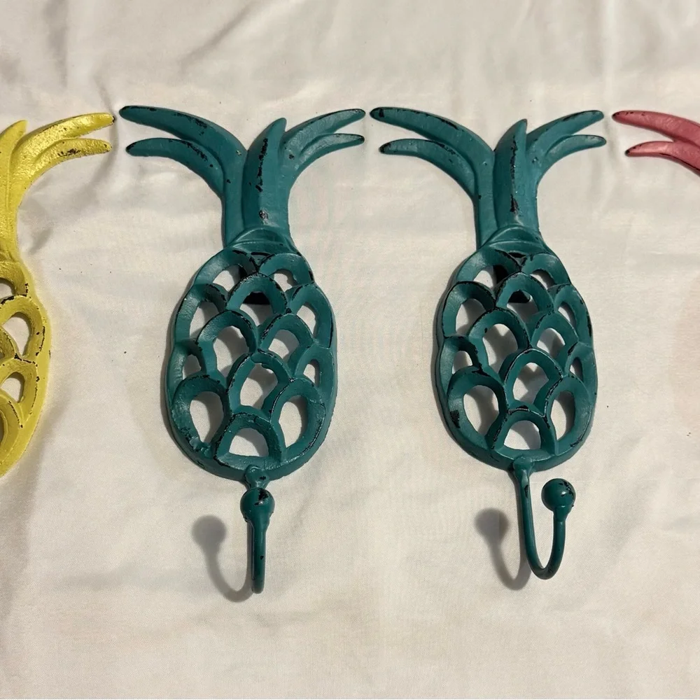 Vintage Cast Iron Tropical Yellow Green And Pink Pineapple Hooks 10”H x 5”W 4pcs